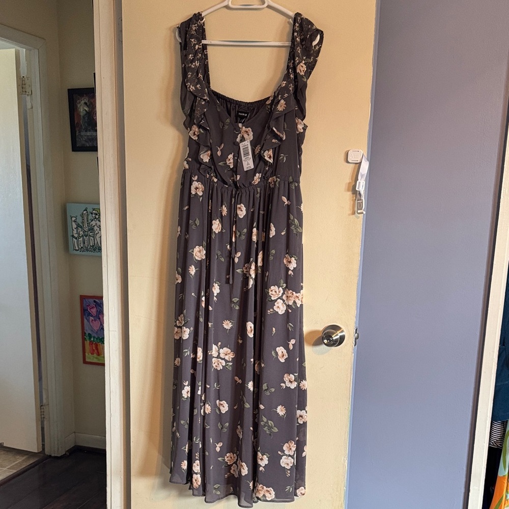 torrid Charcoal Floral Ruffle-Trim Maxi Dress